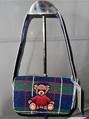 Teddy Plaid Beaded Shoulder Bag in Navy and Green
